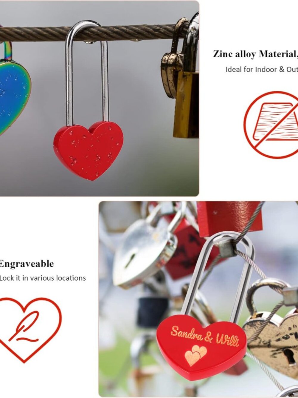 2PCS 3.5" 50mm Love Lock Heart Padlock,Red Single Heart Wish Lock for Lovers Wed - Picture 6 of 7